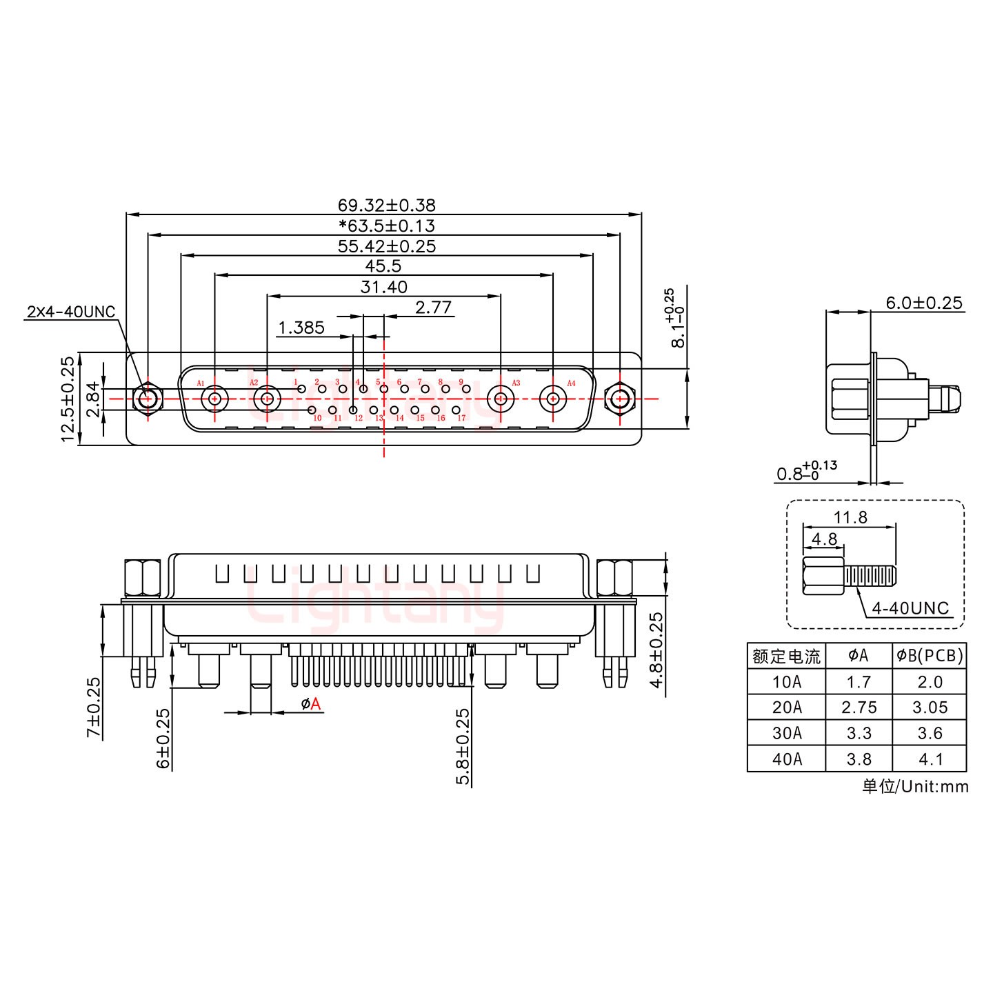 21W4公PCB直插板/鉚魚叉7.0/大電流40A