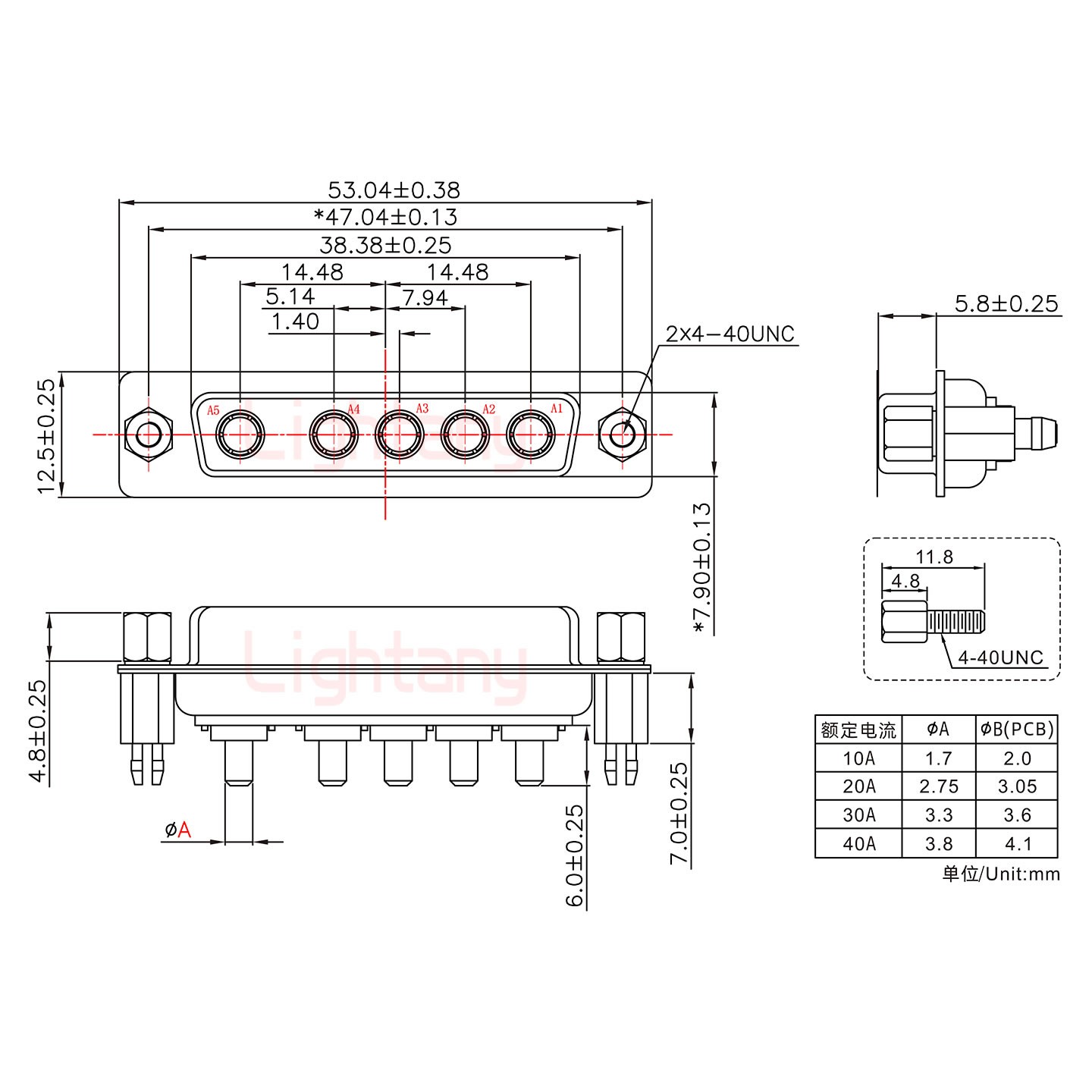 5W5母PCB直插板/鉚魚(yú)叉7.0/大電流40A