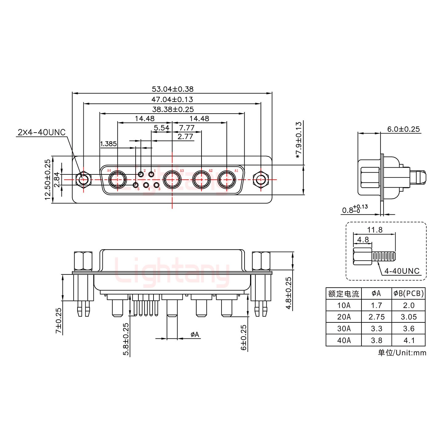 9W4母PCB直插板/鉚魚叉7.0/大電流20A