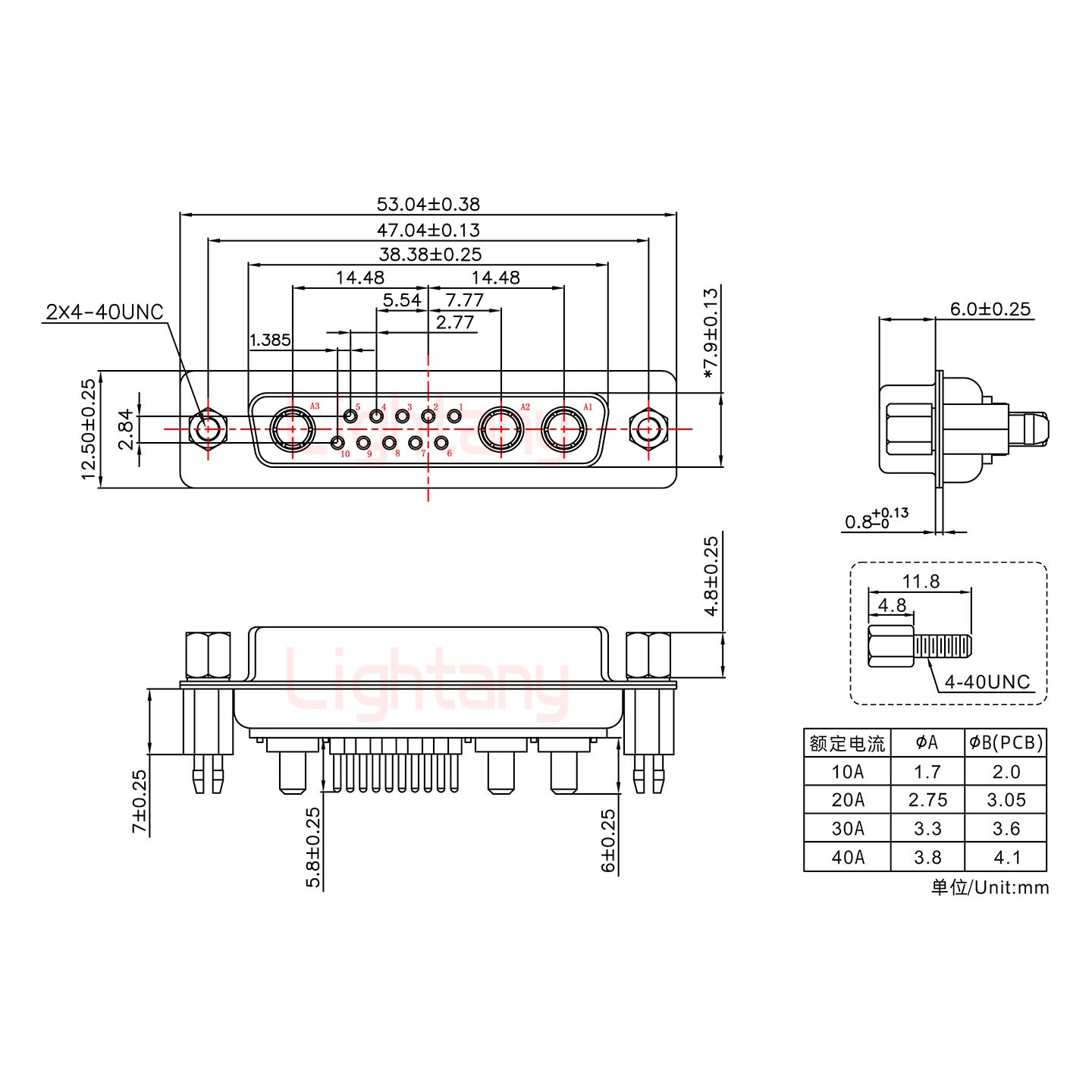 13W3母PCB直插板/鉚魚叉7.0/大電流30A