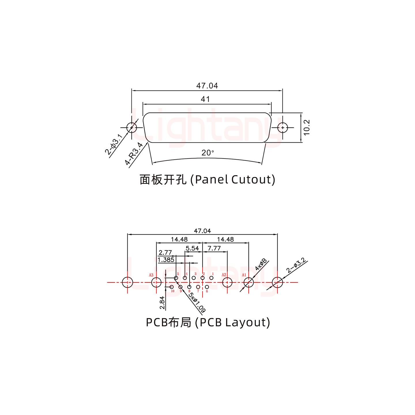 13W3母PCB直插板/鉚魚(yú)叉7.0/大電流40A