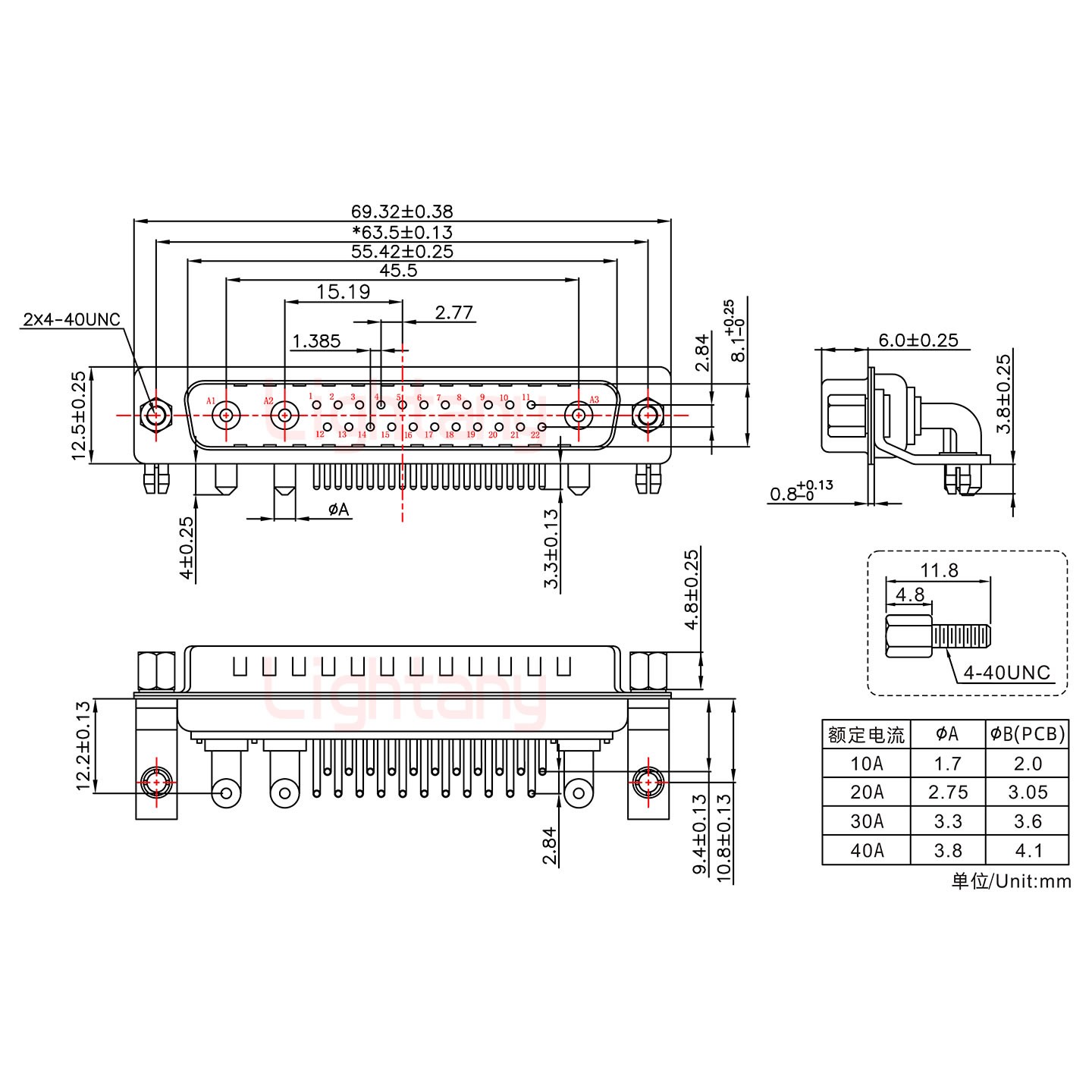 25W3公PCB彎插板/鉚支架10.8/大電流20A