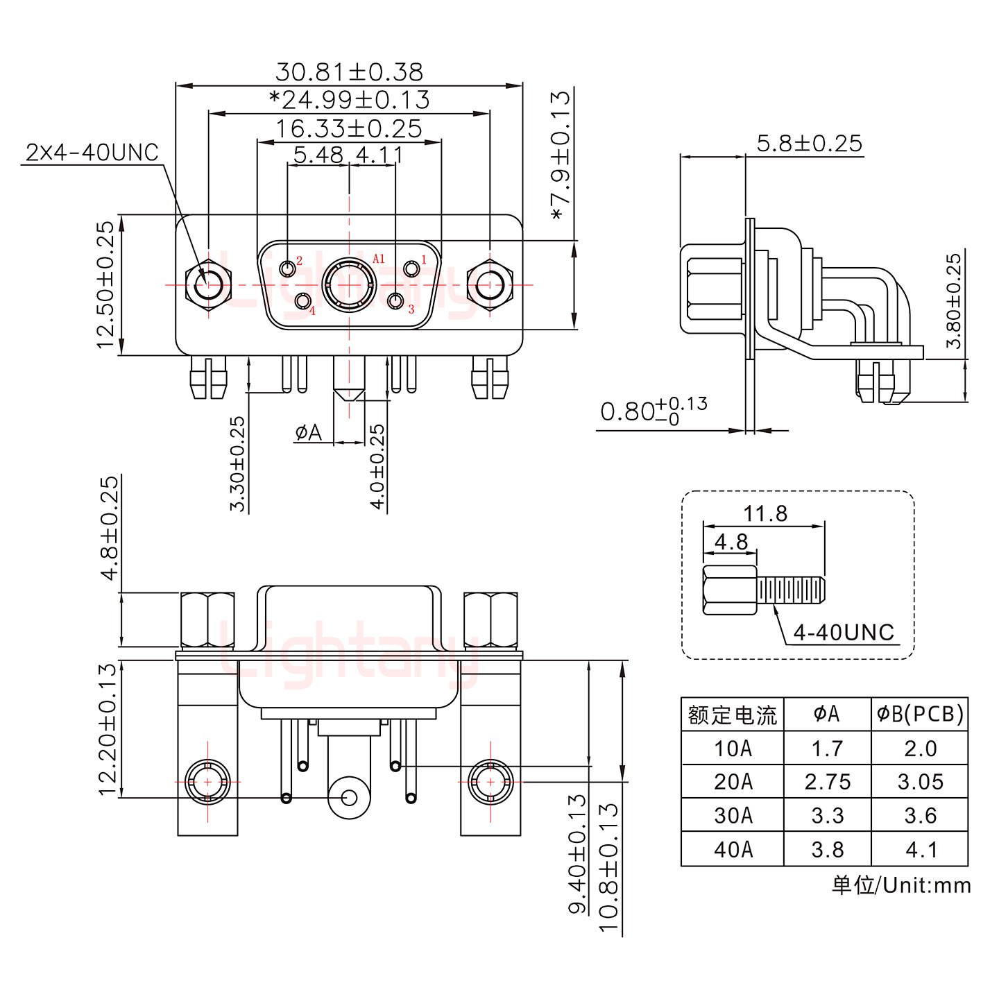 5W1母PCB彎插板/鉚支架10.8/大電流20A