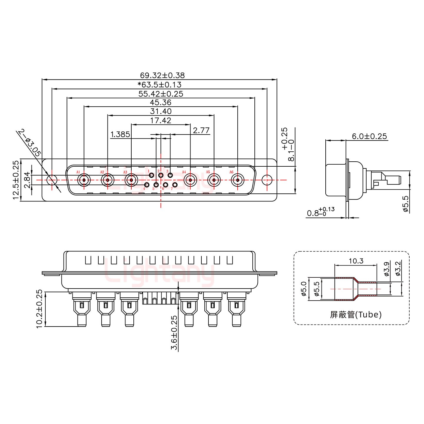 13W6A公焊線式75歐姆+37P金屬外殼951彎出線4~12mm