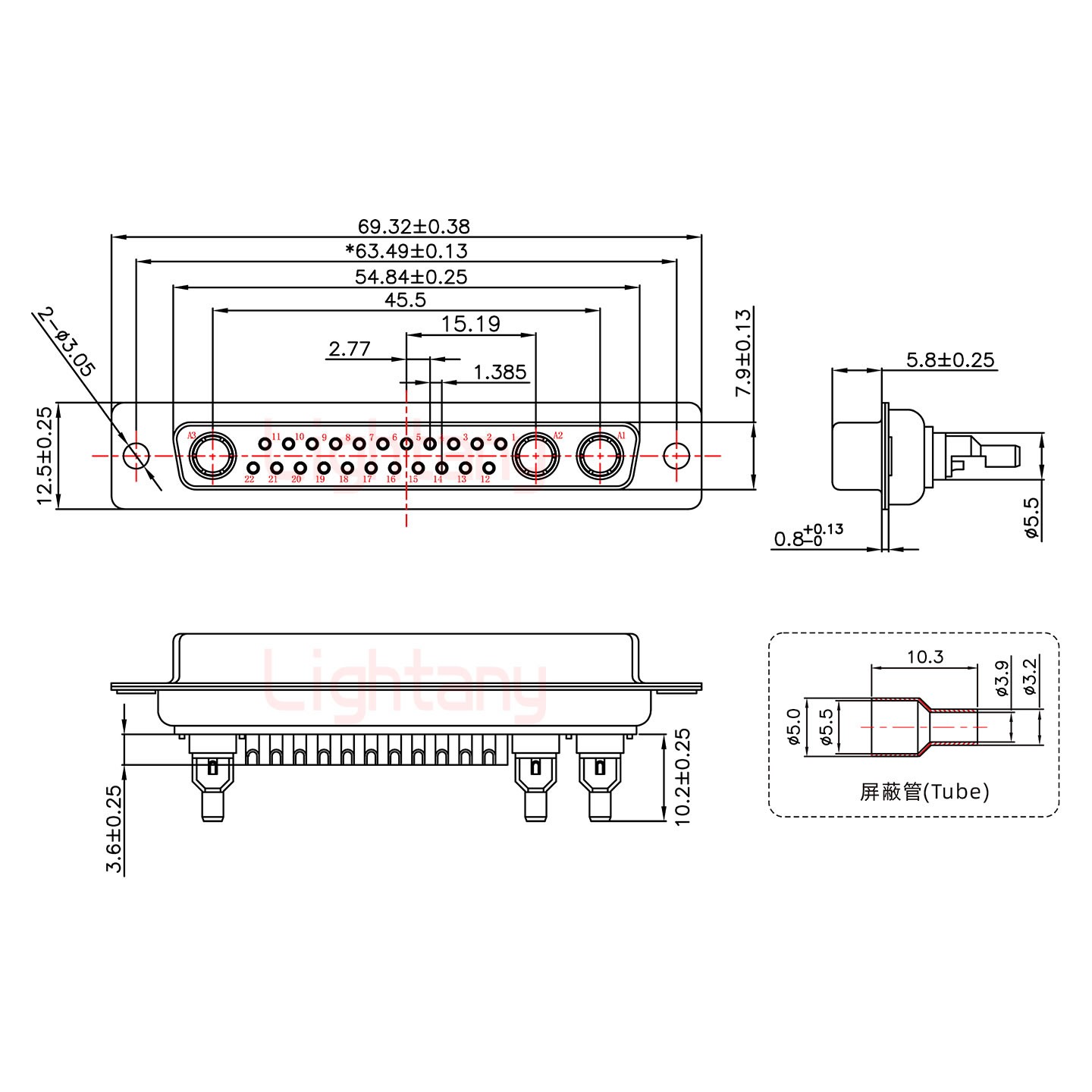 25W3母焊線式75歐姆+37P金屬外殼967斜出線4~12mm