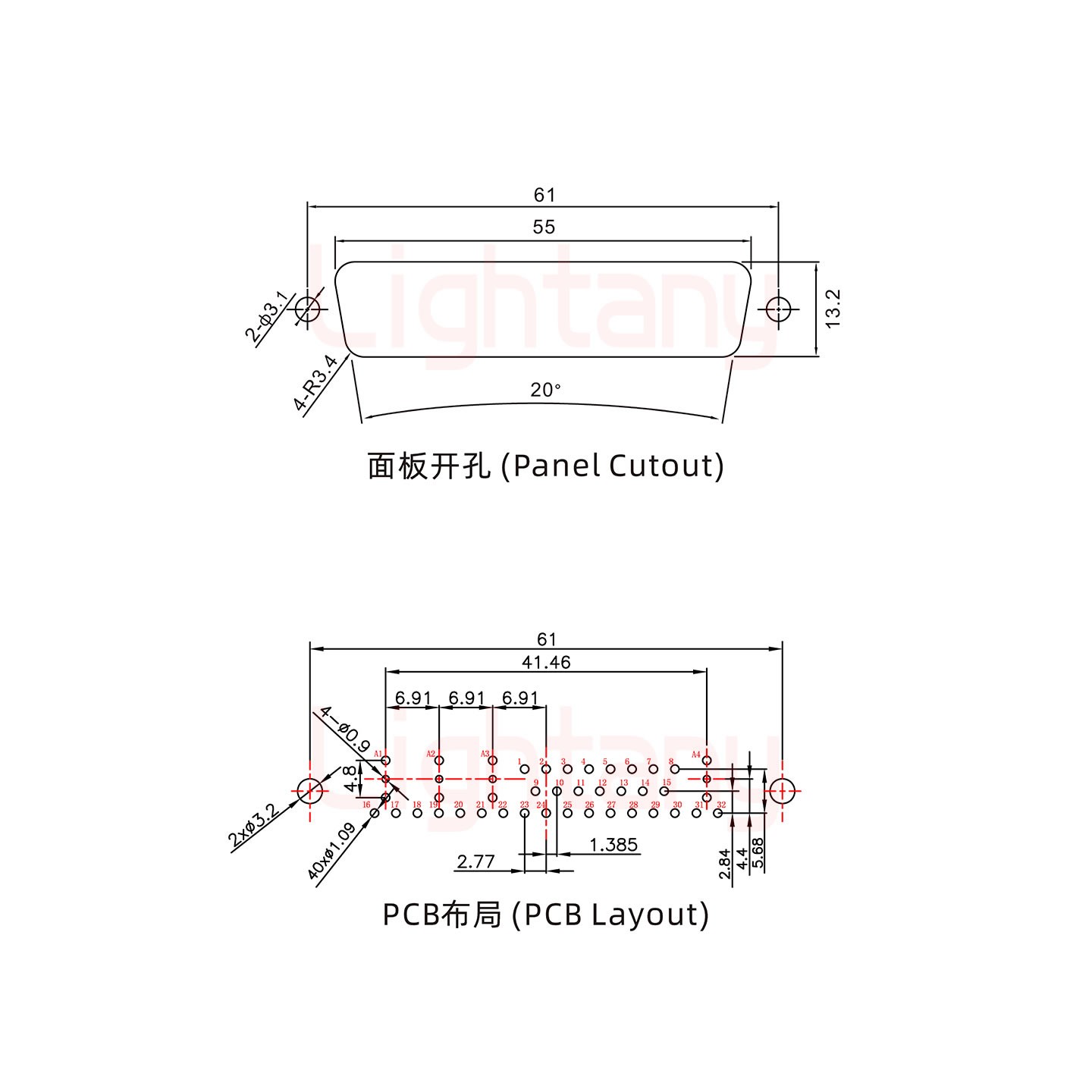 36W4母PCB直插板/鉚魚(yú)叉7.0/射頻同軸50歐姆