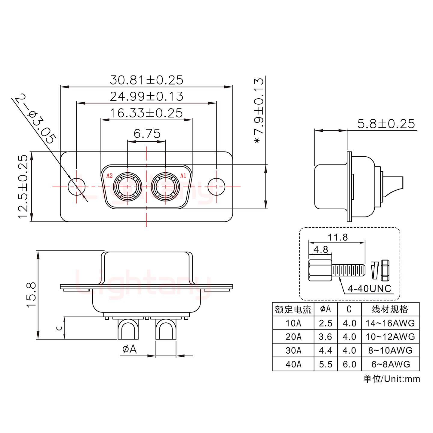 2W2母短體焊線/配螺絲螺母/大電流20A