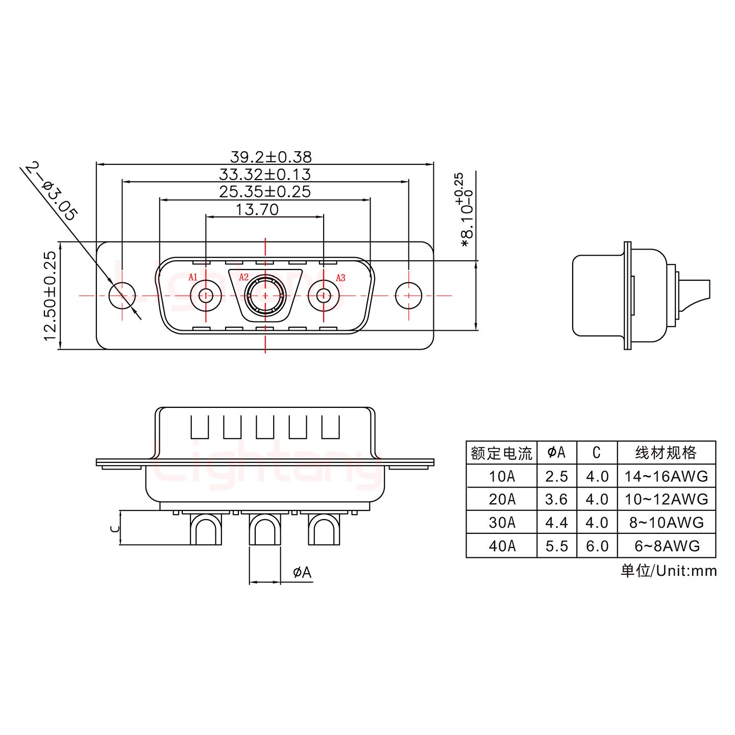 3V3公短體焊線/光孔/大電流40A