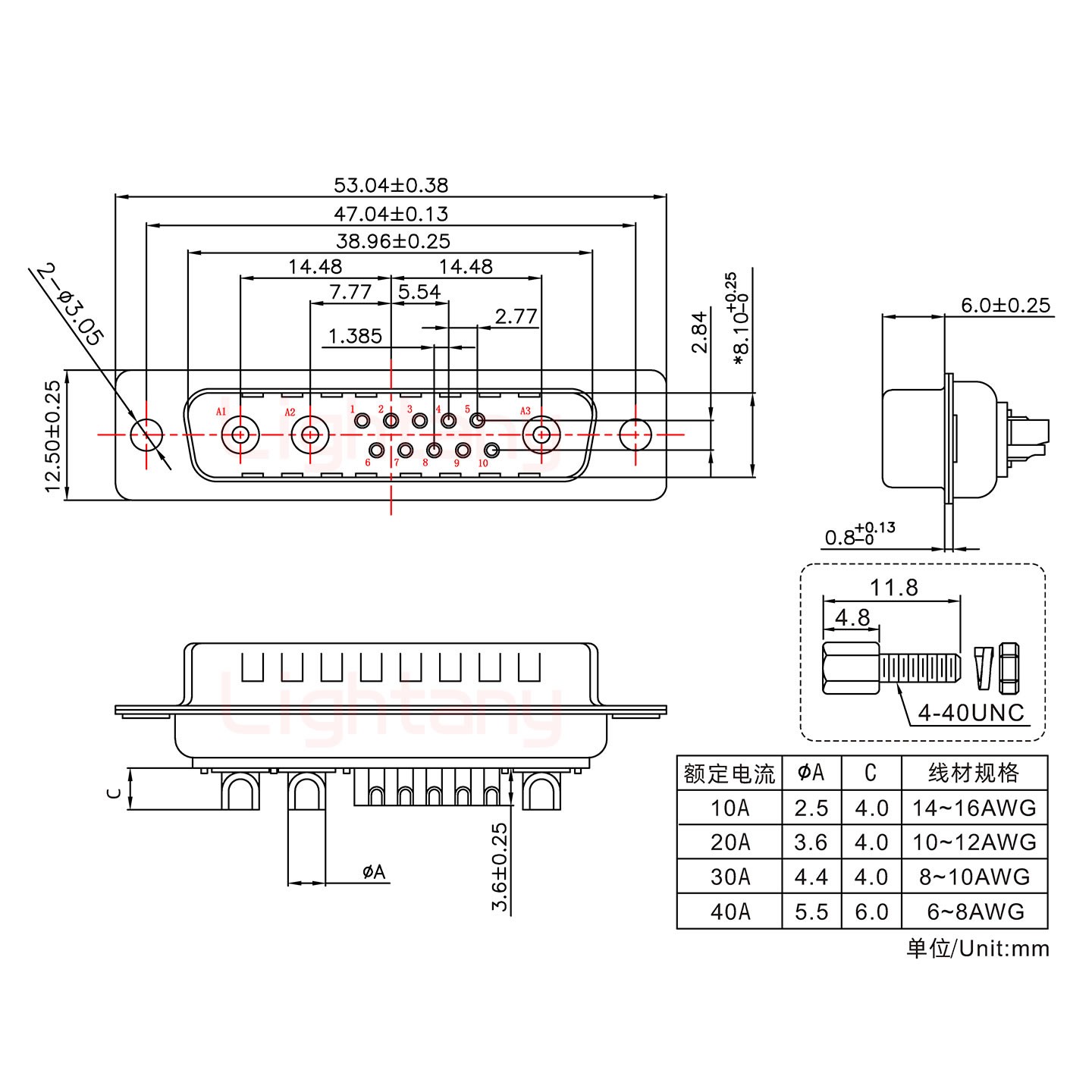 13W3公短體焊線/配螺絲螺母/大電流40A