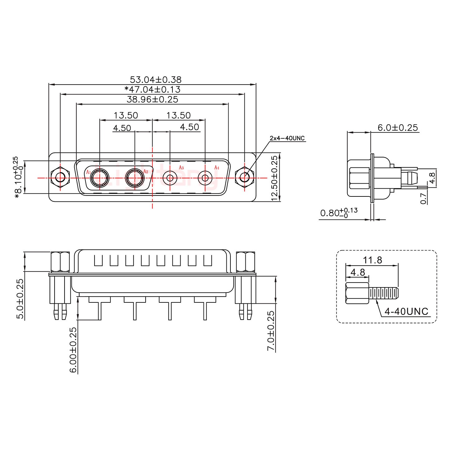 4V4公PCB直插板/鉚魚叉7.0/射頻同軸50歐姆