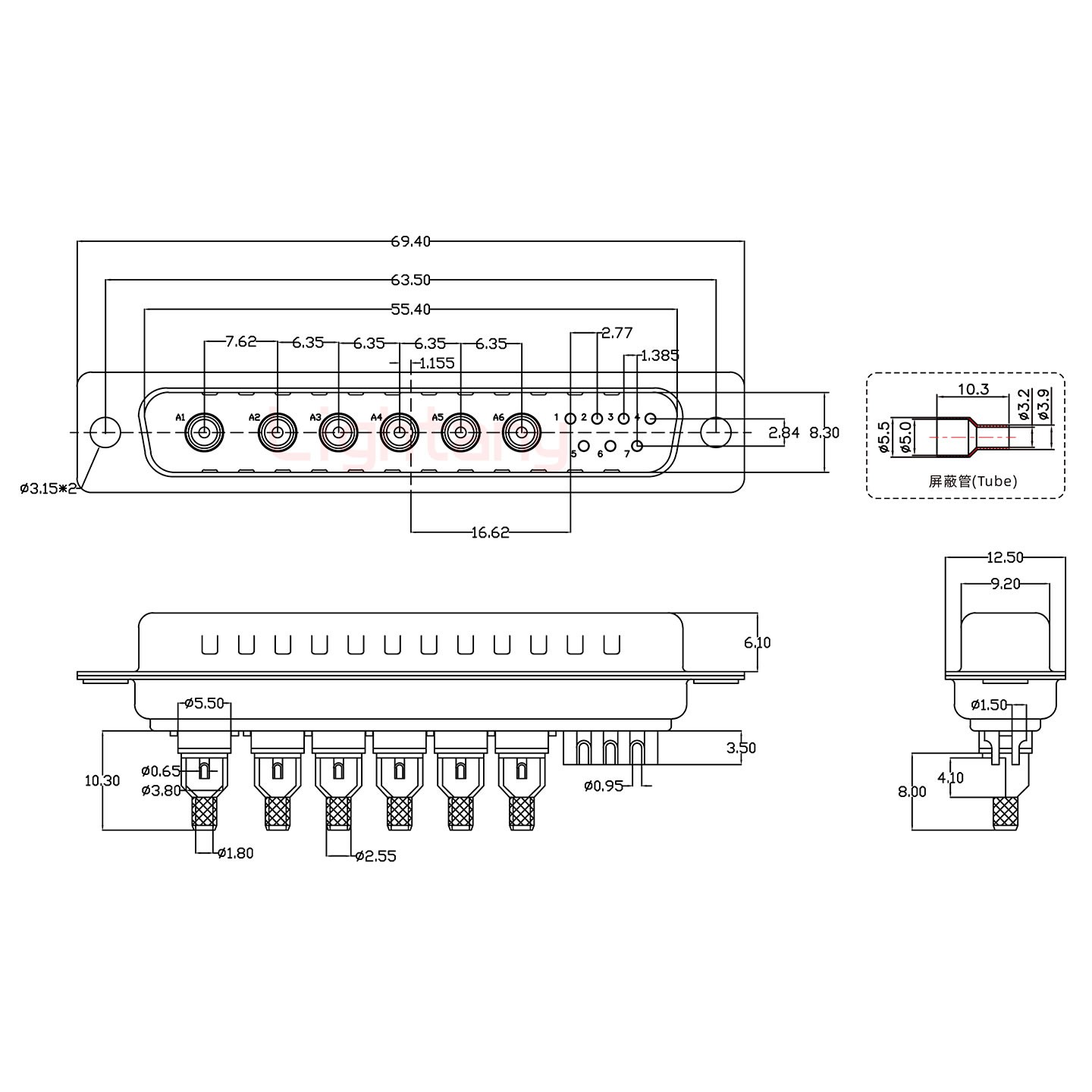 13W6B公焊線式75歐姆+37P金屬外殼967斜出線4~12mm