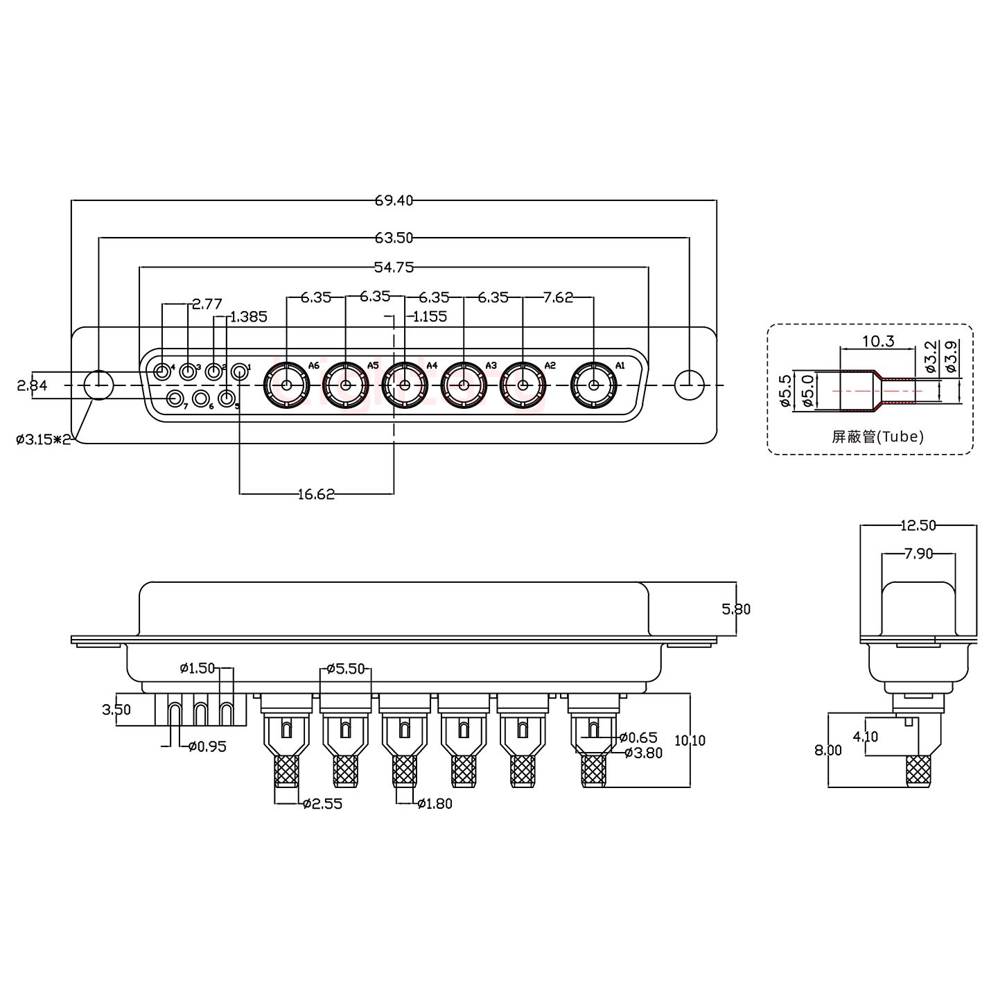 13W6B母焊線式50歐姆+37P金屬外殼967斜出線4~12mm