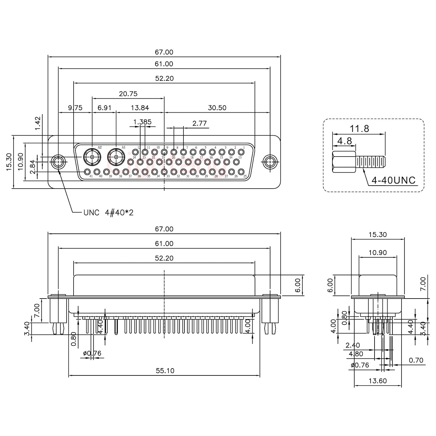 43W2母PCB直插板/鉚魚叉7.0/射頻同軸75歐姆