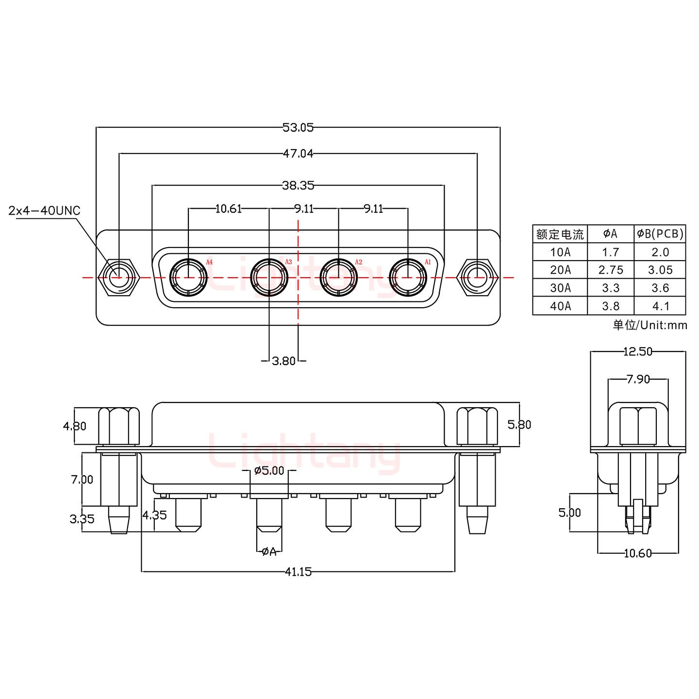 4W4母PCB直插板/鉚魚叉7.0/大電流30A