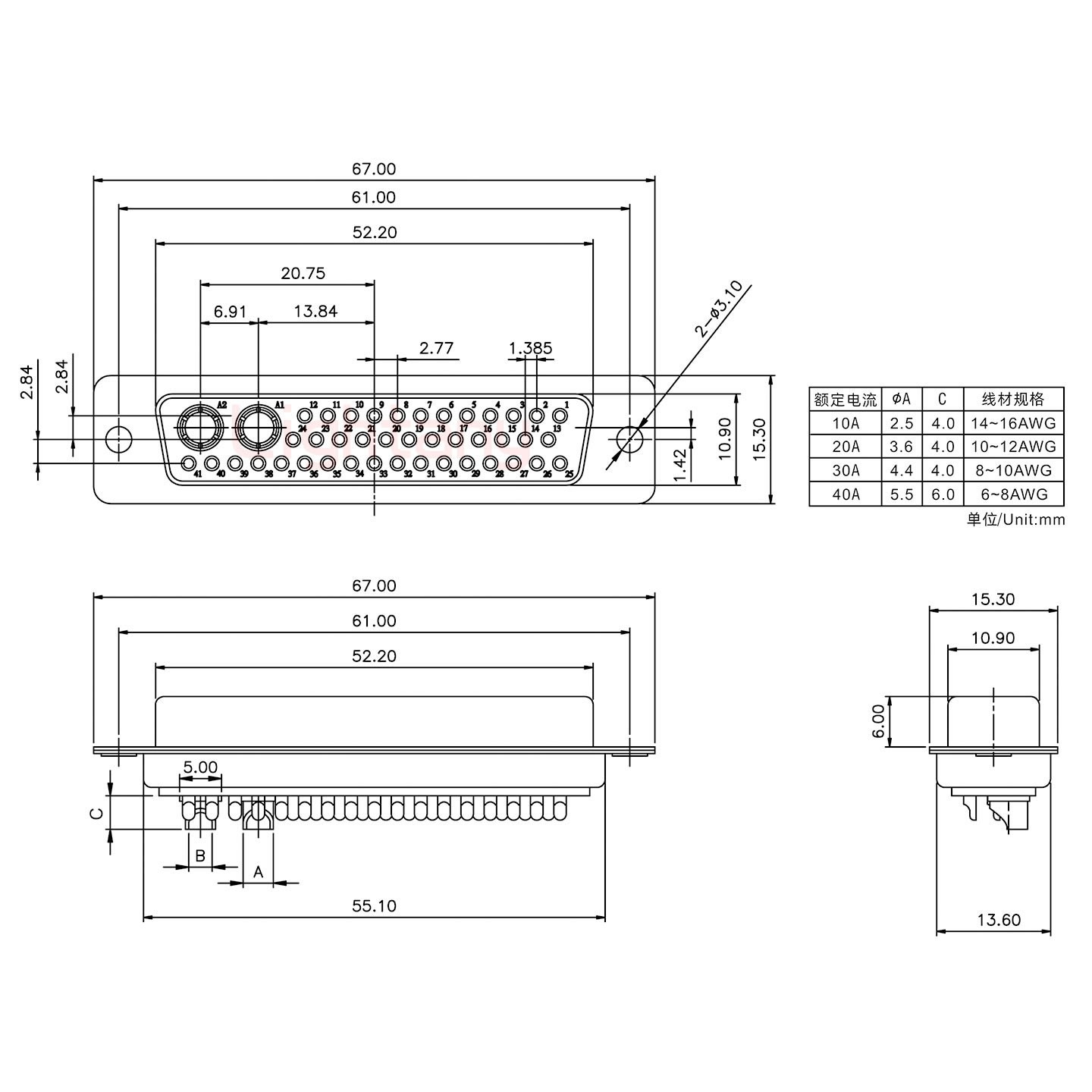 43W2母短體焊線(xiàn)40A+50P金屬外殼2252三個(gè)出線(xiàn)孔12mm