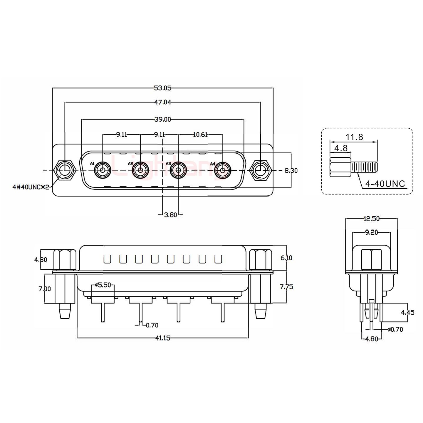 4W4公PCB直插板/鉚魚叉7.0/射頻同軸50歐姆