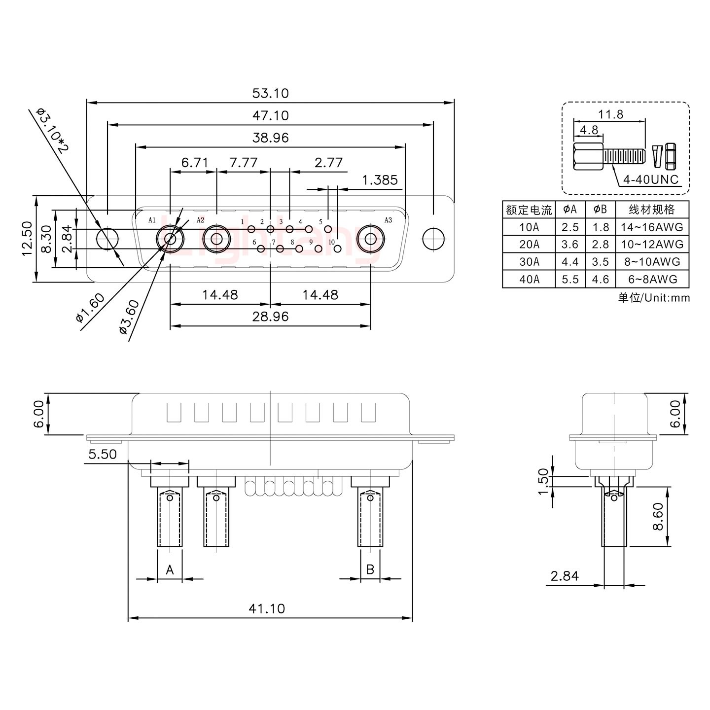 13W3公壓線式/配螺絲螺母/大電流20A