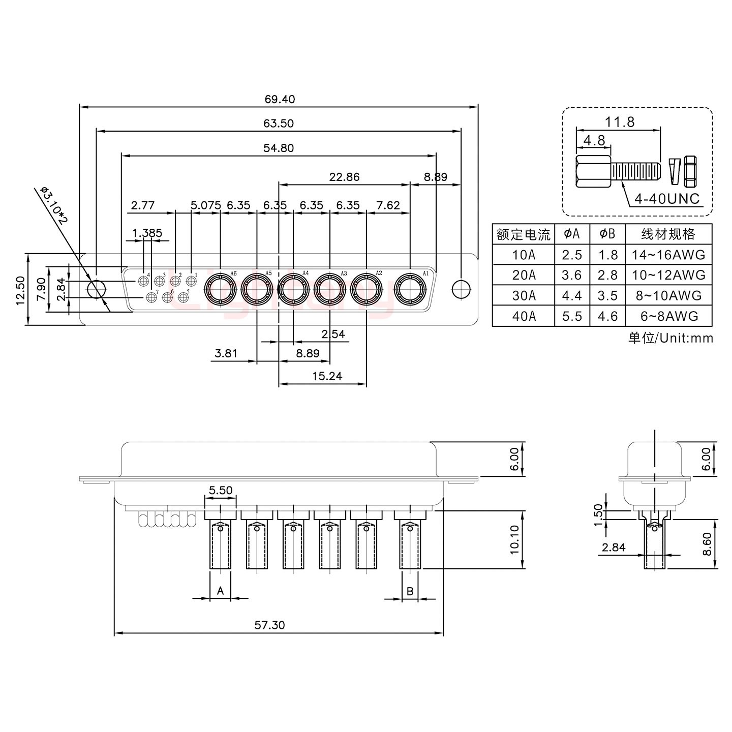 13W6B母壓線式/配螺絲螺母/大電流20A