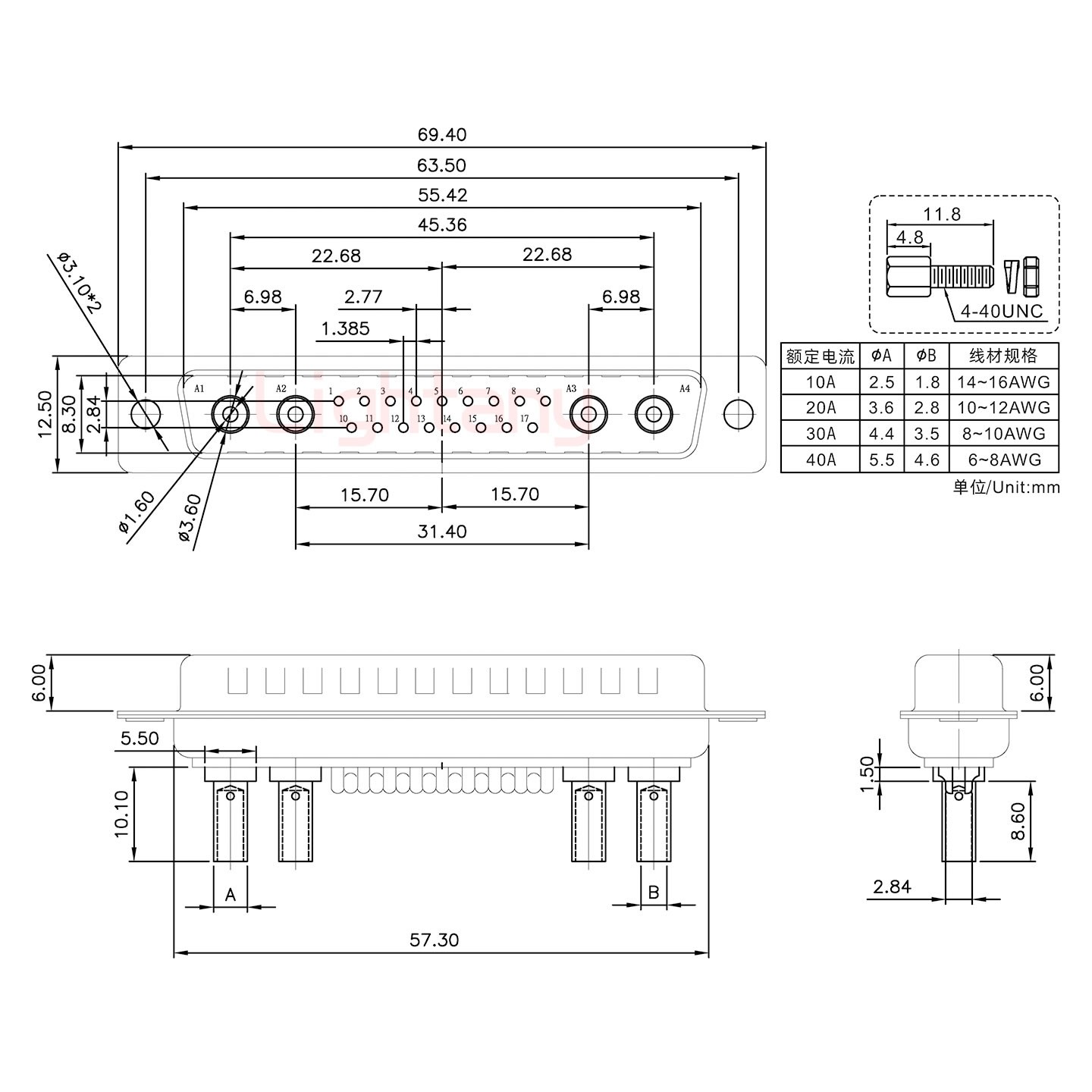 21W4公壓線式/配螺絲螺母/大電流10A