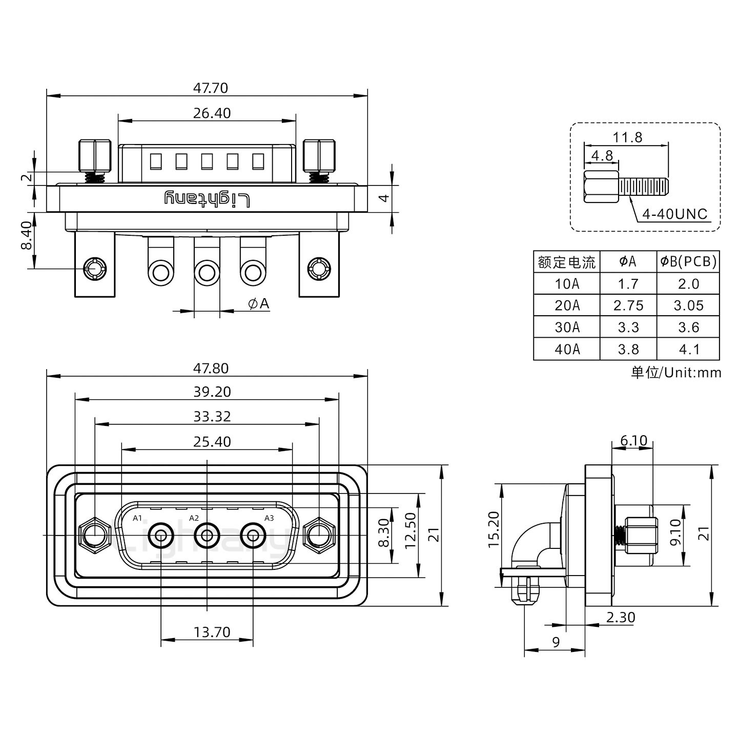 防水3W3公彎插板/鉚支架/鎖螺絲/大電流40A