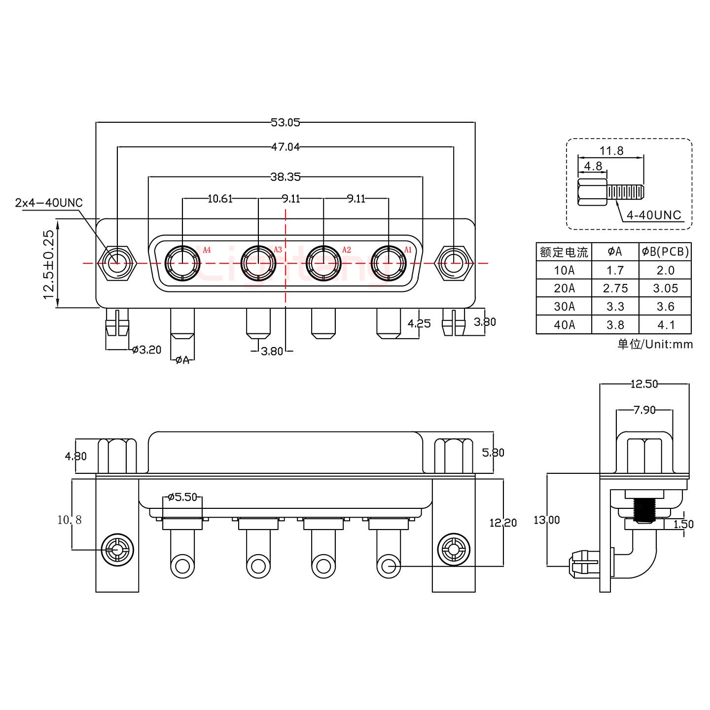 4W4母PCB彎插板/鉚支架10.8/大電流40A