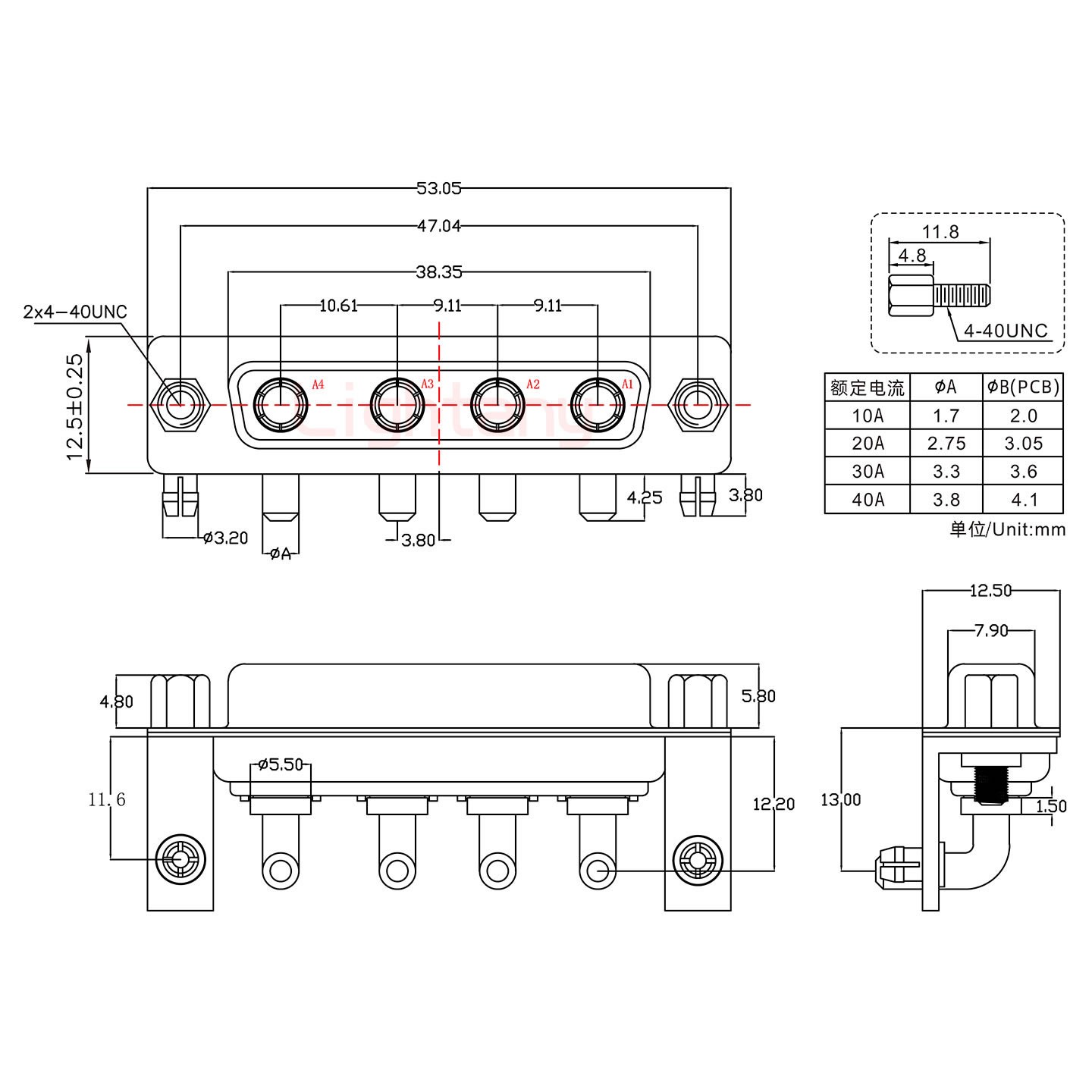 4W4母PCB彎插板/鉚支架11.6/大電流30A